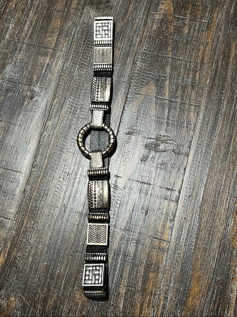Vintage Chico's Black Leather Stretch Belt with Silver-Tone Decorative Panels